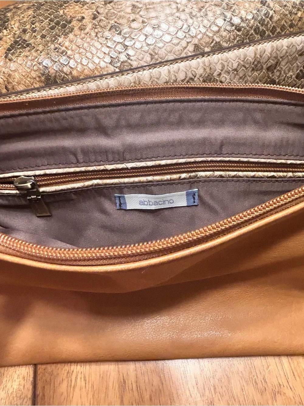 Snake-Print Shoulder Bag & Pouch in Brown by Abbacino